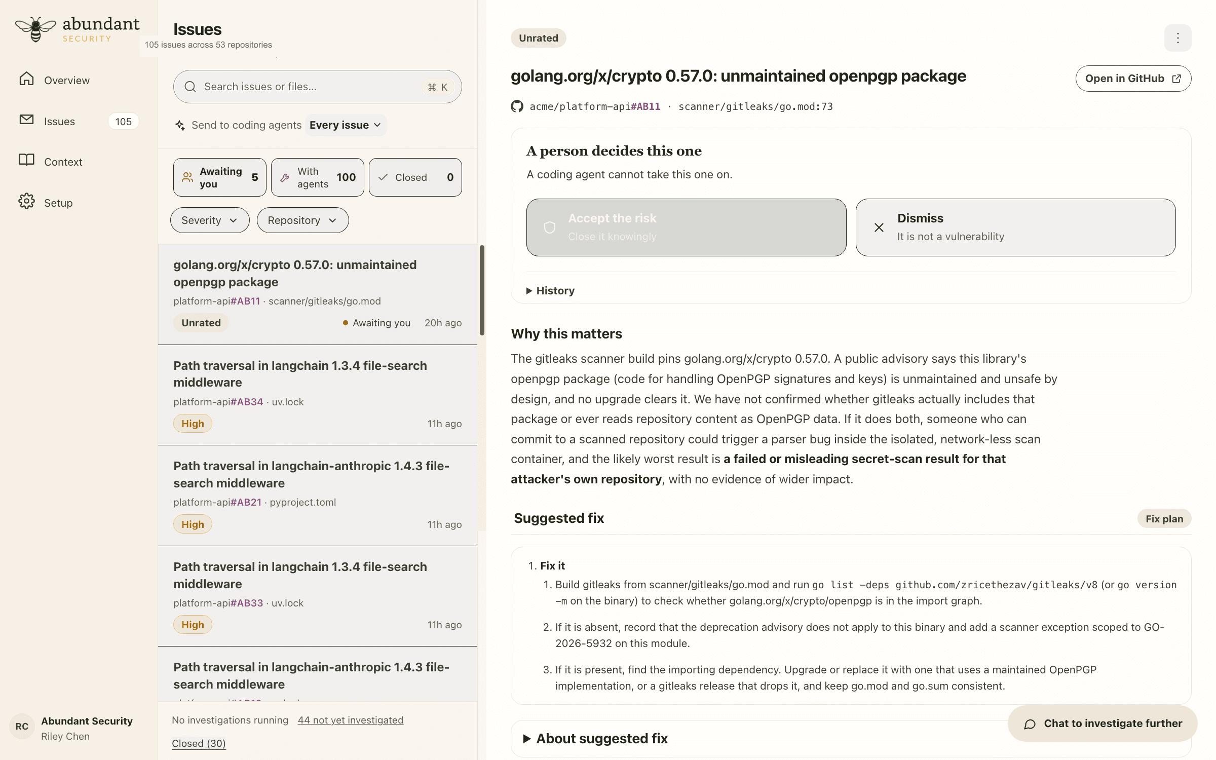 Abundant Security issues view showing 100 issues with coding agents and 5 awaiting you