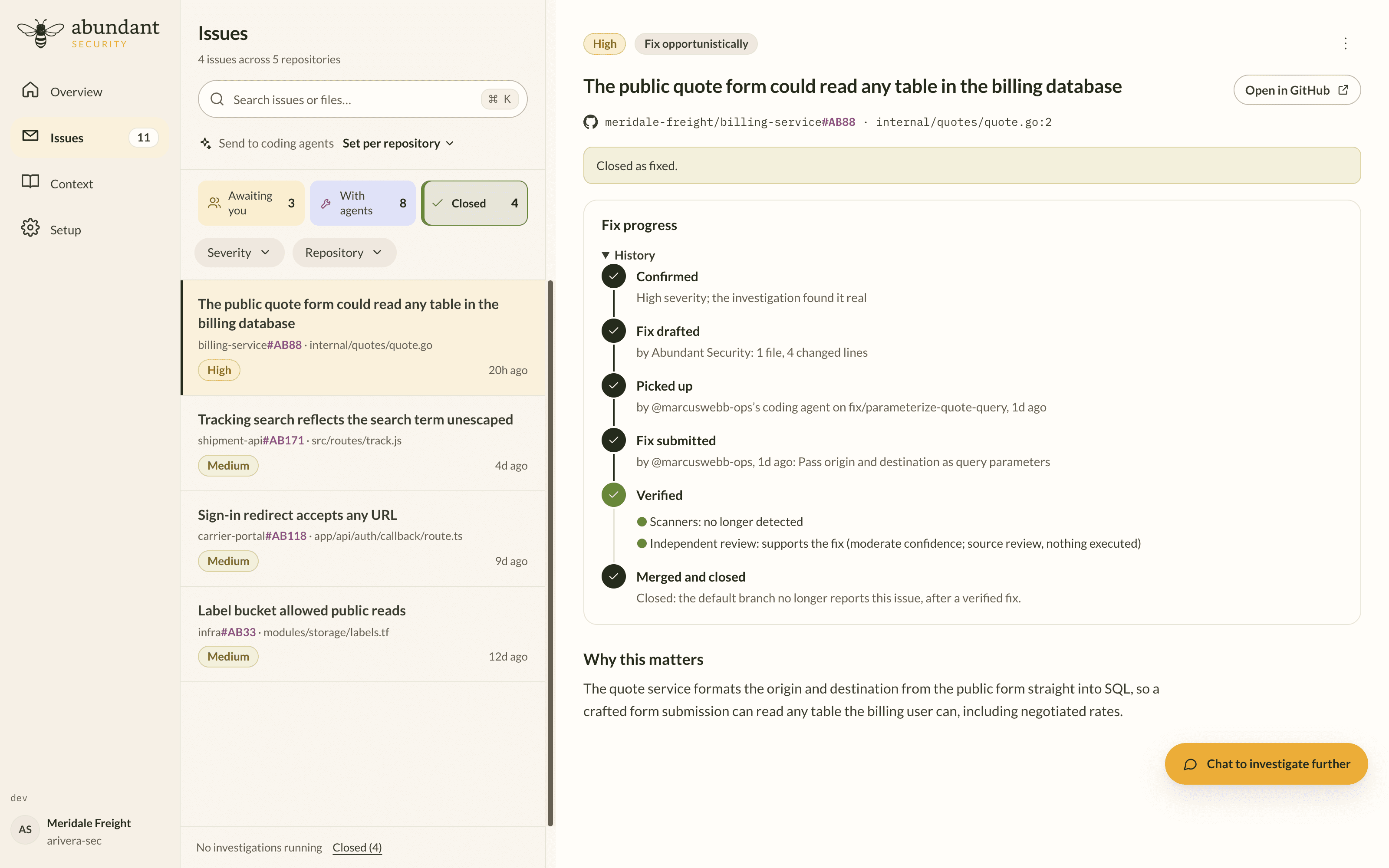 A closed Abundant issue, with fictional data, showing its fix picked up by a coding agent, verified by scanners and an independent review, then merged.