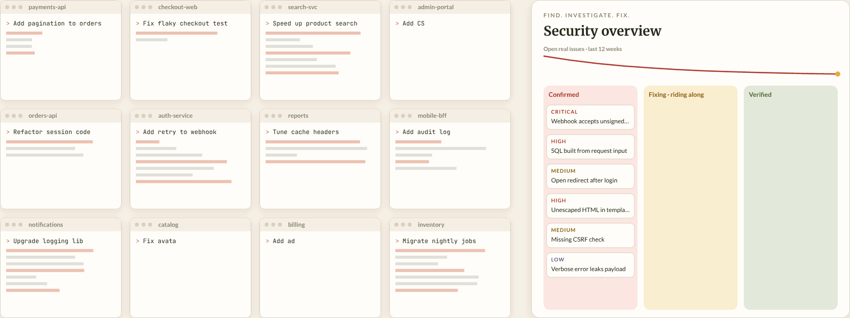 Animated Abundant Security ride-along view showing coding agents moving confirmed issues through fixing and verification